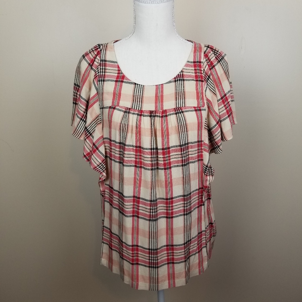 | Anthro | Maeve Plaid Butterfly Sleeve Top size S